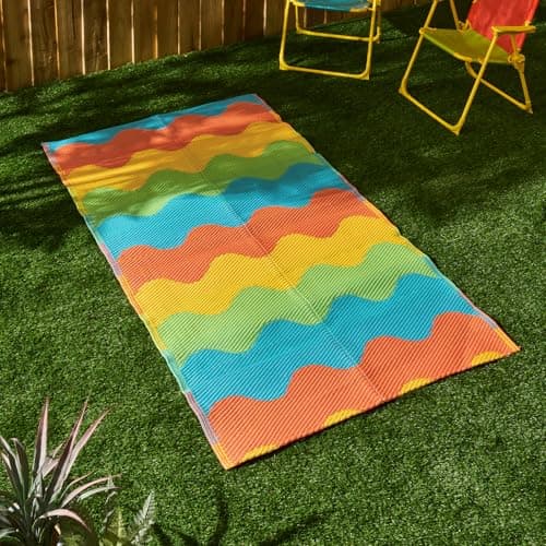 Image of OHS Outdoor Rugs for Garden, Weather Waterproof Reversible Garden Rug Waved Lines Print Foldable Outdoor Mat Non Slip Easy Clean UV Decking Lawn Patio Carpet Area Rugs, Multi - 80 x 150cm