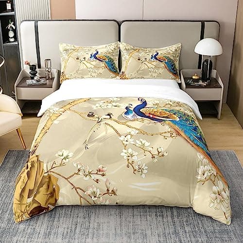 Image of Loussiesd Peacock Peacock with Floral Bedding 100% Cotton Set for Kids Adults Animals 100% Cotton Duvet Cover Botanical Duvet Cover with 2 Pillowcases King Size Zipper