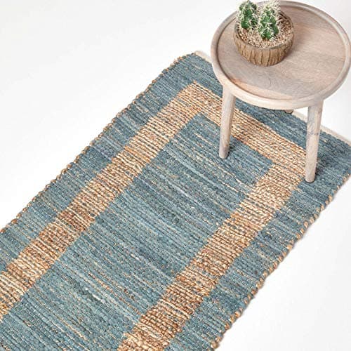 Image of HOMESCAPES Modern Hallway Runner Handwoven Natural & Grey Hemp & Cotton Chindi Rug ‘Veranda’ Contemporary Rug, 66 x 200 cm
