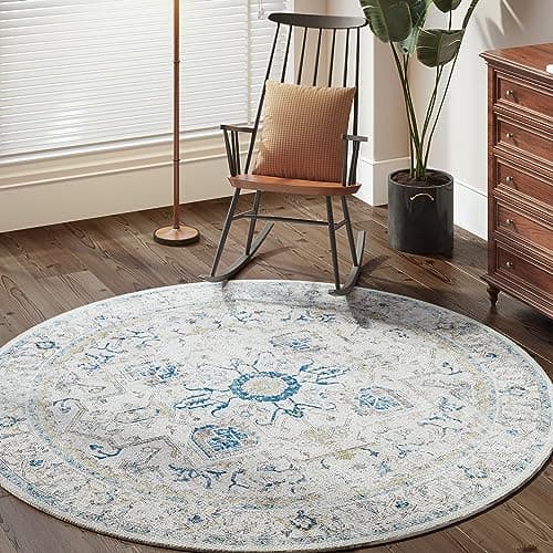 Image of TOPICK Round Rug 150cm Machine Washable Vintage Rug Light Blue Multi Carpet Thin Non Slip Circle Carpet for Kitchen Living Room Bedroom Dining Room Hall