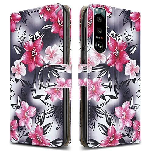 Image of PIXFAB For Sony Xperia 5 III 5G Leather Phone Case, Magnetic Closure Full Protection Book Folio Design, Wallet Case Cover [Card Slots] and [Kickstand] For Sony Xperia 5 III 5G - Flower Print
