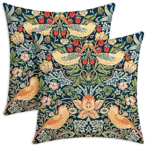Image of 2 pcs Vintage Cushion Covers William Morris Strawberry Thief – Double Sided Floral Throw Pillow Covers 45x45cm – Decorative Pillow Cases for Sofa, Couch, Bed, Living Room, Home, Garden, Patio Decor