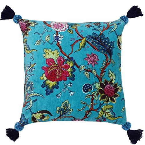 Image of Riva Paoletti Tree Of Life Cushion Cover - Kingfisher Blue - Floral Chinoiserie Print - Pompom Tassel Corners - Machine Washable - 100% Cotton - 50 X 50Cm (20" X 20" Inches) - Designed In The UK