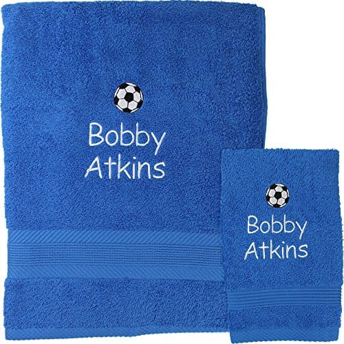 Image of TeddyT's Personalised Name Children's Football Towel & Face Cloth Flannel Gift Set (Blue)