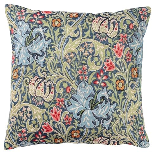 Image of Linen Loft William Morris Golden Lily Tapestry Cushion Cover in Sapphire Blue. Vintage Arts & Crafts Style Woven Botanical and Floral Pattern. 17x17 Square Cover Only
