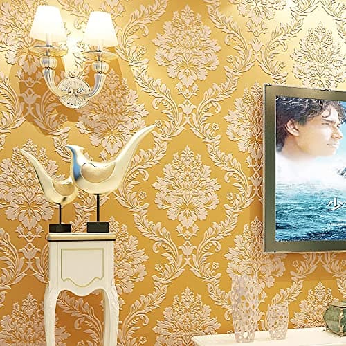 Image of HimYKEA European Retro 3D Flower Damask Wallpaper for Bedroom Living Room Background Home Decoration Non-Pasted Wall Paper Roll Gold Yellow Colour 1.73' W x 32.8' L