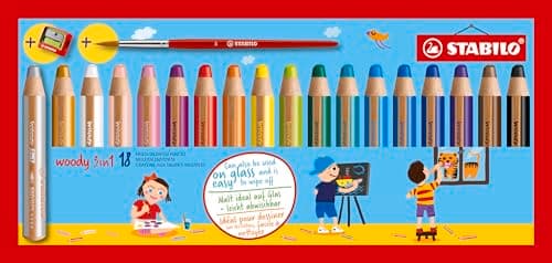 Image of STABILO woody 3-in-1 - Multi-Talented Pencil - Pack of 18 - Assorted Colours with Sharpener and Paint Brush