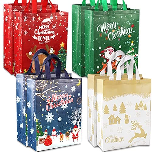 Image of Volsha 8 Pack Christmas Reusable Grocery Bag,Large Tote Bag with Handle, Gift Present Bag, Shopping Bag for Holiday Xmas Event Party
