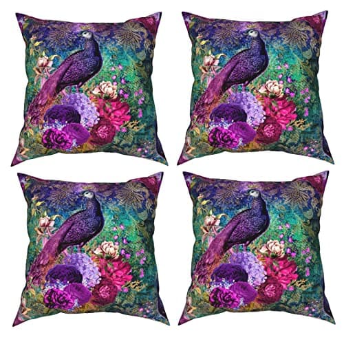 Image of NA Set of 4 Cushion Covers, 45 x 45, Elegant Purple Teal Peacock Floral Print, Polyester for Sofa Decor, Multicolor