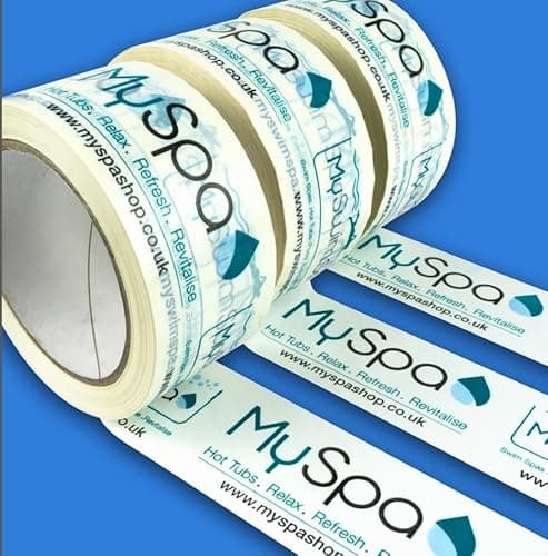 Image of Custom Bespoke Printed Packaging Tape, 50mm x 66m, 1-3 Color Options, Use with A Standard Tape Dispenser (144, 3 colour on white background, 50mm x 66 meter)