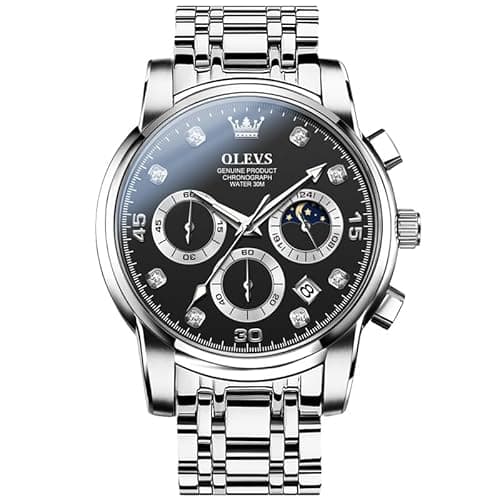 Image of OLEVS Silver Watch for Men Black Face Stainless Steel Analog Quartz Mens Watches Arabic Numerals Chronograph Dial Diamond Men's Wrist Watch Waterproof Moon Phase Dress Watches for Men