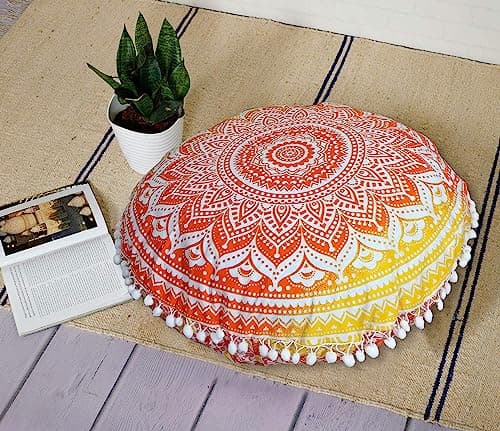 Image of 22" Round Mandala Floor Pillow Cover Cushion Sofa Seating Throw Hippie Round Colourful Decorative Bohemian Boho Chic dog bed Indian Pouf Ottoman Handmade (Ombre- Orange)