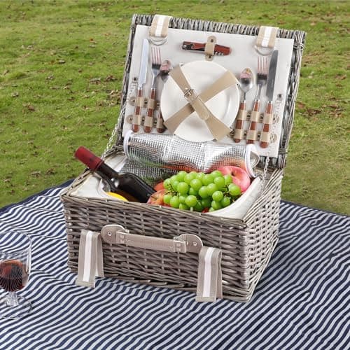 Image of Wickerfield Picnic Basket for 2/4 People, Insulated Small Wicker Picnic Baskets with Lid, Cooler Compartment, Wicker Basket Picnic Hamper Set 2 Person / 4 Person (2 People, Grey)