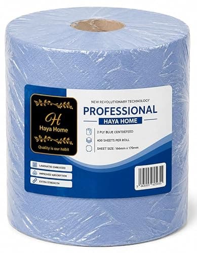 Image of H HAYA HOME Centre Feed Blue Rolls 2 Ply Industrial Paper Towels Tissue Paper Strong Absorbent Cleaning Wipes for Takeaway Home Kitchen Bathroom Workshop Use Pack of 1 Roll 400 Sheets