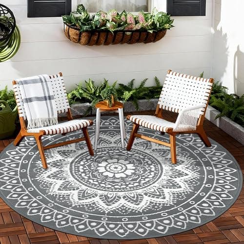 Image of VSIWB Round Outdoor Rug for Patio 180cm Reversible Waterproof Foldable Garden Rugs Boho Plastic Straw RV Mat Picnic Camping Carpet for Balcony Beach Deck Terrace Apartment, Grey/White