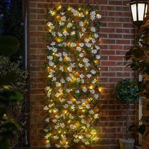Image of Garden Mile Solar LED Expanding Trellis - 180cm Expandable Wooden Lattice Trellis Panel with Artificial Flowers & LED Lights - Decorative Outdoor Privacy Screen For Climbing Plants & Garden Lighting