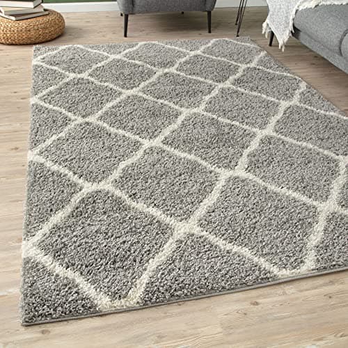 Image of THE RUGS Shaggy Rug – Modern Moroccan Design Rugs for Living Room, Bedroom, Hallway, 3 cm Thick Area Rugs, (Moroccan Grey/Ivory, 140x200cm)