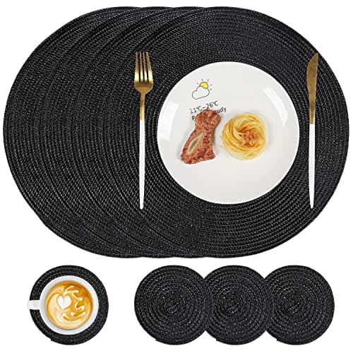 Image of famibay Placemats and Coasters Set of 4 Round Woven Placemats Washable Heat Resistant Place Mats Round Table Mats and Coasters Black for Kitchen Dining Table