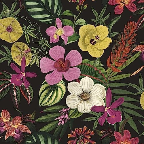 Image of SOPHIE LAURENCE Black Floral Orchid Wallpaper Pink Green Yellow Exotic Tropical Palm Leaves - Stylish, Washable, Strippable - Paste The Paper Feature Wallpaper