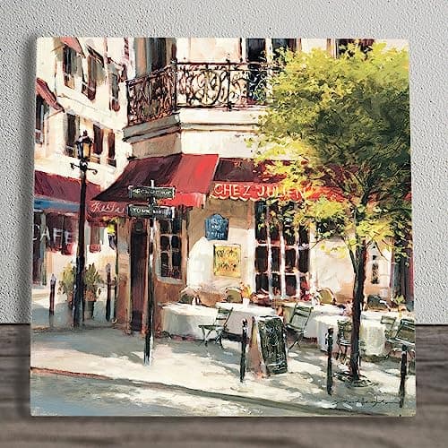 Image of Global Designs The Corner Café Ceramic Tile Picture Plaque Sign Wall Art By Brent Heighton Paris Street Scene 20x20cm