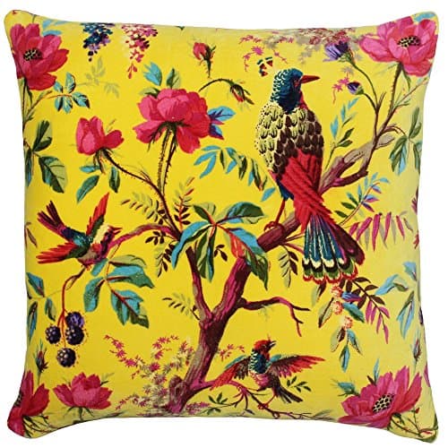 Image of Paoletti Paradise Square Cushion Cover - Yellow Colourful Bird Print Velvet Feel Cotton Fabric (50 x 50 cm, Pack of 1)