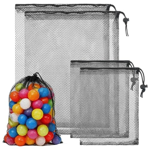 Image of Tweruna 4 PCS Mesh Drawstring Bag, Black Nylon Golf Ball Storage Mesh Bags, Multipurpose Storage Bags for Collecting Half Balls, Tennis, Toys, Beach, Sports Gym, Travel