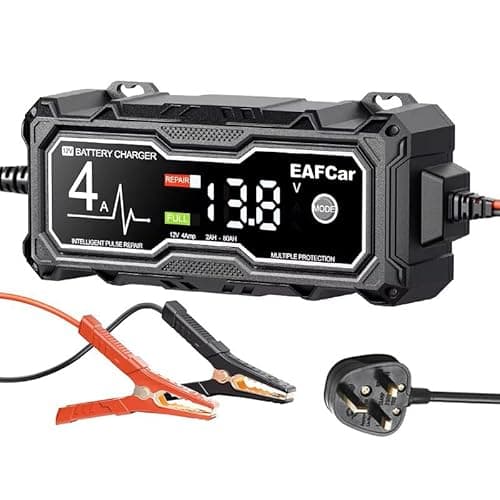 Image of EAFCar 4Amp 12V Car Battery Charger, Trickle Charger for Car, Motorcycle, Boat, Mower Battery with Intelligent Charging, Repairs, Maintains Lead Acid Batteries