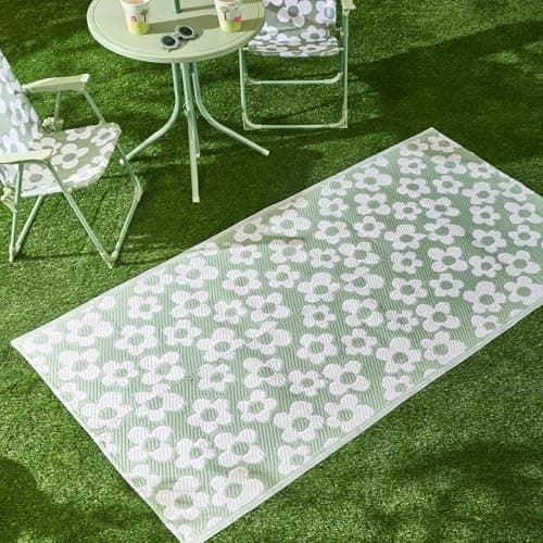 Image of OHS Outdoor Rug Daisy Print, Weather Waterproof Reversible Garden Rug Foldable Outdoor Mat Non Slip Easy Clean UV Decking Lawn Patio Carpet Area Rugs, Sage/White - 80 x 150cm