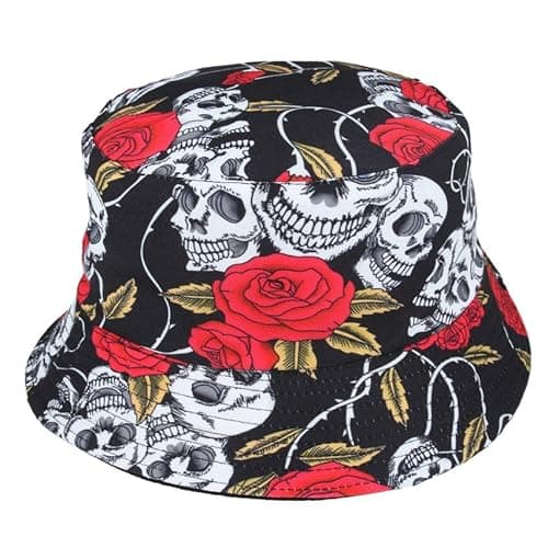 Image of Fun Unisex Bucket Hats – Funky Designs, Heavy-Duty Cotton, Trendy & Durable Festival Sun Hat for Men & Women (UK, Alpha, One Size, New MAZ Skull and Roses)