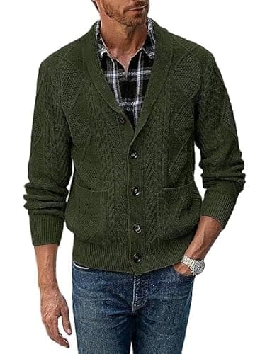 Image of Runcati Men's Cardigan Casual Long Sleeve Shawl Collar Buttons Down Cable Knit Sweater with Pockets Army Green L