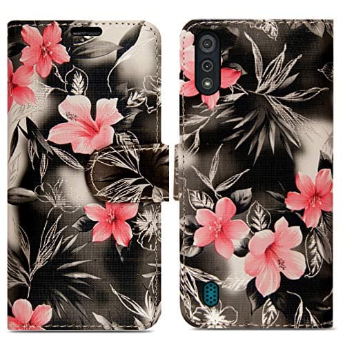 Image of ProGadgetsLtd Motorola Moto E6s Phone Case Cover Flip Leather Multi Function Wallet [Card Holder][Kickstand][Magnetic] For Moto E6s (Pink Flower Dark Grey)