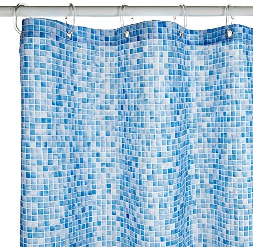 Image of Croydex Blue Swimming Pool Mosaic Textile Shower Curtain with Hygiene 'N' Clean