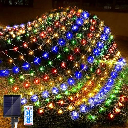Image of JIMACRO Solar Powered Net Lights Outdoor, 2 m x 3 m 192LEDs Mesh Fairy Lights with 8 Modes, Remote Control, Waterproof Copper Wire Bush Fairy Lights for Xmas Tree Lawn Bushes Garden Décor
