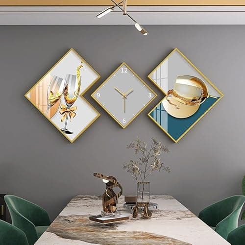 Image of SYLUOQP 3-Piece Modern Geometric Wall Clock Set, Canvas Painting Wall Clocks Gold Frame Canvas Art for Living Room, Bedroom & Dining Room,4