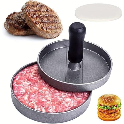Image of Burger Press, Non-Stick Aluminium Hamburger Patty Maker with 100 Wax Papers - Quarter Pounder Meat Press Mould with Ergonomic Handle - Ideal for BBQ, Grill, Beef, Veggie & Stuffed Burgers - Dishwasher