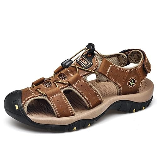 Image of Men's Hiking Sandals Closed Toe Walking Sandals Beach Sandals Leather Summer Shoes For Trekking ， Heel Strap for Sports and Outdoors Gardening Lightweight Comfortable Adjustable(Dark Brown,10)