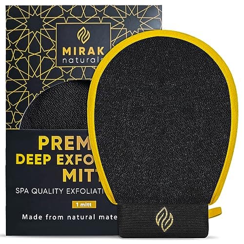 Image of Mirak Naturals DEEP EXFOLIATING MITT - PREMIUM Body Scrubber - Kessa Exfoliating Glove | Double Sided Bath Shower Scrubber | Fake Tan Remover Mitt (Black 1 PC)