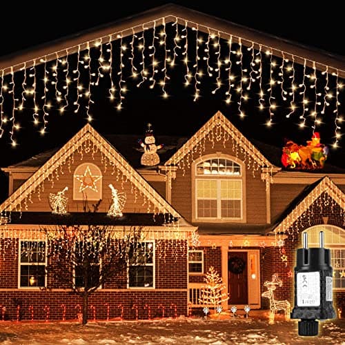 Image of SALCAR 5m 200 LED Icicle Lights, Mains Powered Christmas Fairy Lights with 24 Drops, 8 Flashing Modes, Outdoor Garden, Wall & Eaves Decorations – Warm White