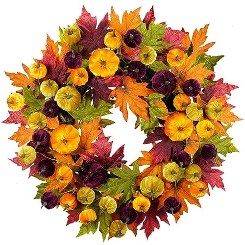 Image of YULETIME 24" Christmas Wreath, Artificial Holiday Wreath with Baubles, Berries, Leaves, Spruce Branches, Snowy Pine Needles (Pumpkin & Maple Leaf)