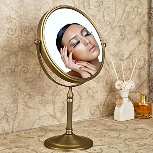 Image of Weare Home Retro Round Mirror with Stand for Living Room, Bathroom, Vintage Rustic Carved Beautiful Mirror Made of Bronze Brass Copper