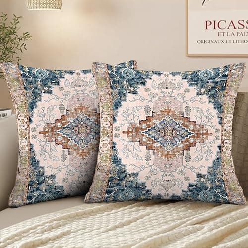 Image of XPHZZL Pack of 2 Bohemian Style Linen Decorative Cushion Covers 65x65 cm Square Throw Pillow Covers 26x26 Inch Boho Style Pillowcases for Outdoor Home Decor Sofa Bedroom Car - Blue Pink