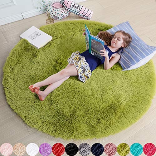 Image of Grass Green Fluffy Shag Circle Rug for Bedroom, Kids Room, Classroom, Nursery, Living Room, Dorm, and Apartment Decor