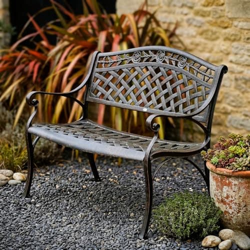 Image of Lazy Susan Rose Metal Garden Bench, 2-Seater in Antique Bronze, Weatherproof Aluminium Garden Bench | Cast aluminium | Rust Proof | 3 Year Guarantee