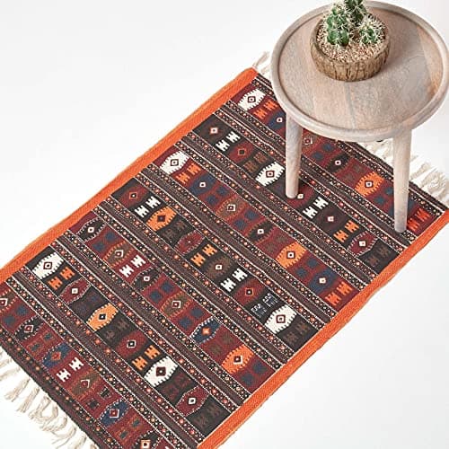 Image of HOMESCAPES Terracotta & Brown Handwoven Kilim Rug for Living Room Traditional Pattern 100% Cotton Rug, 60 x 90 cm