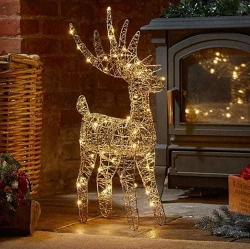 Image of Large 60cm LED Reindeer Christmas Decoration, Battery Powered Light Up Stag Figure, Silver Wire Mesh Design with 60 Warm White LEDs, Elegant Beaded Indoor Xmas Ornament