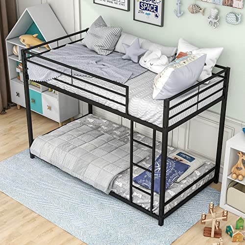 Image of FOUBAM 3FT Single Bunk Beds, Single Over Single Loft Bed Frame Metal Heavy Duty 90x190cm Bunk Beds for Kids, Twin Bed Frame for Boys And Girls With Ladder and Guardrail (Black)
