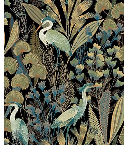 Image of Grandeco Tropical Crane Black Textured Wallpaper