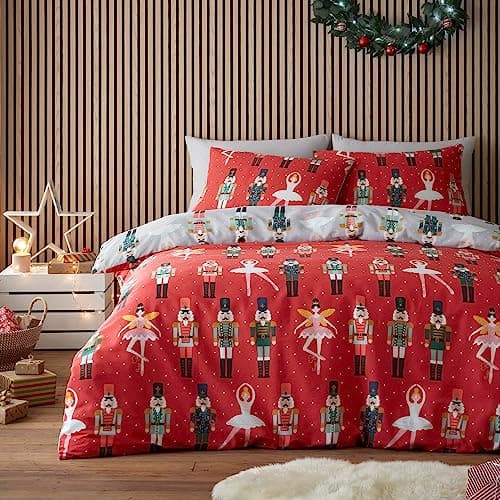 Image of Fusion Nutcracker & Ballerina Christmas Duvet Cover Set – Single Bed Size 135x200cm – Red/Grey Reversible Bedding – Festive Nutcracker Soldier & Ballet Design – 1 Pillowcase Included