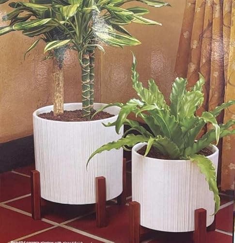 Image of RZHomestore® White Ceramic Plant Pot Set with Bamboo Stands, 2-Pack Planter Set - 23cm & 19cm