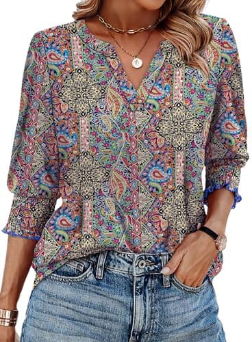 Image of Aokosor Ladies Tops 3/4 Sleeve Tops V Neck Long Sleeve T Shirts for Women Curved Hem Tunic Ladies Blouses Size 18-20 Purple Print
